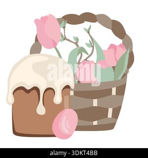 Illustration of a wicker basket filled with pink tulips next to a frosted cake and a pink egg, symbolizing spring and Easter celebrations Stock Vector