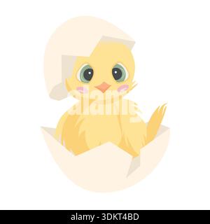 Illustration of a cute yellow baby chick with big eyes emerging from a cracked eggshell on a plain white background. Detailed illustration with fine l Stock Vector