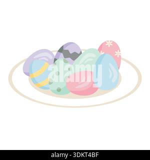 Illustration of a variety of colorful pastel Easter eggs decorated with patterns on a plate, symbolizing Easter celebrations and holiday traditions Stock Vector