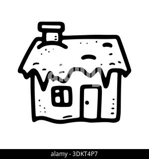 Doodle winter house with snow on roof. Hand drawn cozy cottage with window, door isolated on white background. Christmas village home, seasonal holida Stock Vector