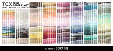 Color chart of fashion, home, and interior color palette for cotton test printing. With numbers, swatch name, RGB, HTML, and HEX Stock Vector