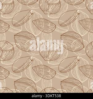 Brown pattern with hand-drawn walnuts, hazelnuts, pistachios, and almonds. Outline graphics. Packaging, wallpaper, wrapper, background. Vector illustr Stock Vector