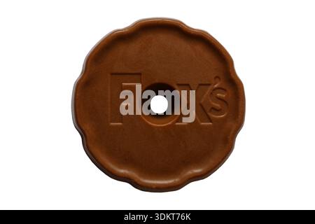 Fabulous Chocolatey milk chocolate rounds from box of Fox's Classic Biscuit Selection isolated on white background Stock Photo
