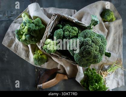 Fresh green broccoli in a rustic basket overhead view on dark background Stock Photo