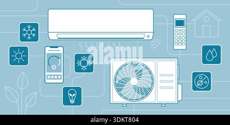 Air conditioning system background with icons, AC split system with smartphone app and remote control Stock Vector