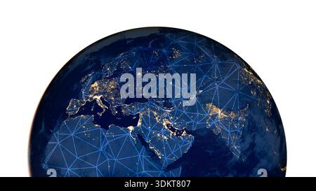 Global Digital Network Mesh Over Earth Night View With World Map City Lights Isolated. Stock Photo