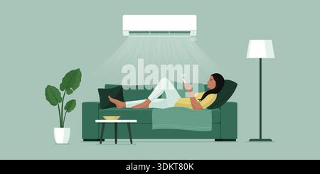 Air conditioning split system at home and Indian woman relaxing on the couch, she is using the AC remote control Stock Vector