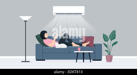 Air conditioning split system at home and Chinese woman relaxing on the couch, she is using the AC remote control Stock Vector