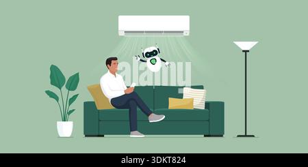 Smart air conditioning at home: man sitting on the couch and using AC while an AI robot is helping him Stock Vector