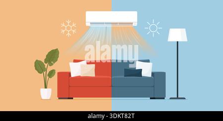 AC split system for cooling and heating at home: the air conditioner is blowing hot or cold air in the living room Stock Vector