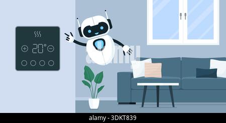 Cute AI robot pointing at a smart thermostat at home: smart air conditioning and home automation concept Stock Vector