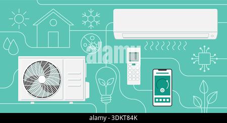 Air conditioning system background with icons, AC split system with smartphone app and remote control Stock Vector