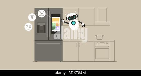 Smart refrigerator with touch screen in the kichen and cute AI robot pointing, home automation and technology concept Stock Vector