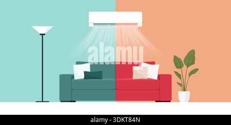 AC split system for cooling and heating at home: the air conditioner is blowing hot or cold air in the living room Stock Vector
