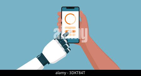 AI robot helping a man using a smartphone app: AI agents and automation concept Stock Vector