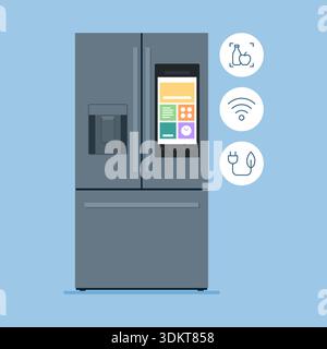 Innovative smart refrigerator with touch screen and icons set, isolated Stock Vector