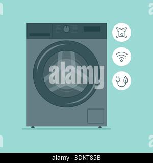 Smart washing machine and icons set, home automation and smart appliances concept, isolated Stock Vector