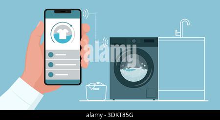 Man connecting his smartphone to a smart washing machine: home automation and smart appliances concept Stock Vector