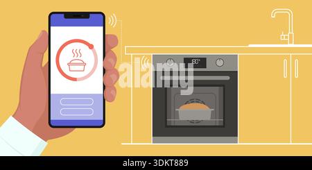 User connecting his phone to a smart oven: home automation and smart appliances concept Stock Vector