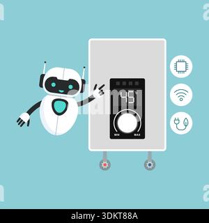 AI robot pointing at the electric water heater: smart home and automation concept Stock Vector