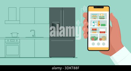 Man connecting his phone to a smart fridge and checking the food inside, home automation and smart appliances concept Stock Vector
