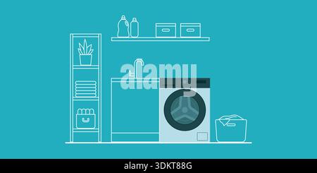 Smart washing machine in the laundry room: interior design and home automation concept, isolated Stock Vector