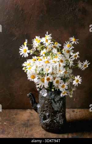 Beautiful white daisy flowers arranged in vintage ceramic vase on rustic wooden surface with textured brown wall background Stock Photo
