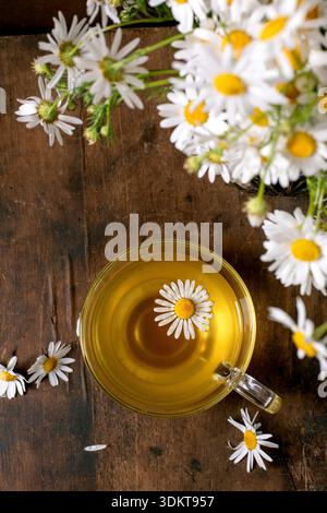 Glass cup chamomile tea with daisy flower floating inside surrounded by fresh white daisies on rustic wooden background. Natural herbal drink concept. Stock Photo