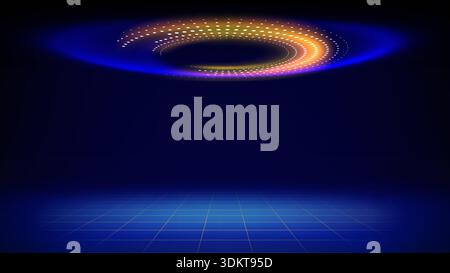 Futuristic technology stage blue background. Round orange dotted led, neon glow, grid floor. Abstract background for displaying products presentation Stock Vector
