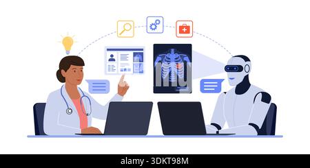 Doctor and AI robot sitting at the office desk and working together, they are checking medical data, AI in healthcare concept Stock Vector