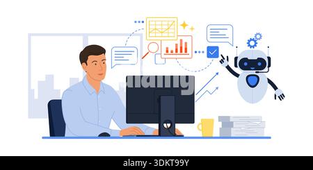 Business executive sitting at his office desk and working, an AI agent robot is helping him, AI in business concept Stock Vector