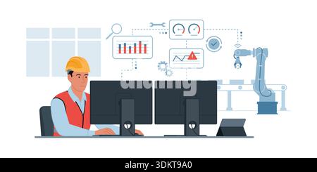 Predictive maintenance engineer checking data from sensors and monitoring industrial equipment, a robotic arm is moving in the background Stock Vector