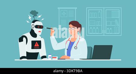 Doctor visiting a malfunctioning AI robot in her office, AI robot failure concept Stock Vector