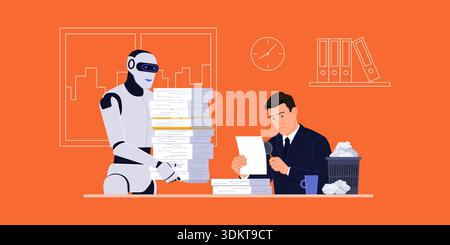 Frustrated office worker checking sloppy AI-generated content, a robot is carrying more paperwork, AI workslop concept Stock Vector