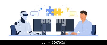 AI robot and corporate businessman sitting at the office desk and working together, generative AI and business concept Stock Vector