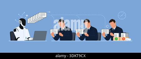 Many office worker checking AI-generated content and wasting time, AI workslop and productivity loss concept Stock Vector