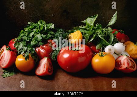 Fresh colorful tomatoes with herbs parsley basil dill mushrooms on dark rustic background. Organic vegetables cooking ingredients healthy eating conce Stock Photo
