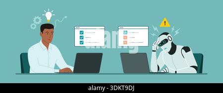Man vs. machine: office worker completing all tasks and inefficient AI robot Stock Vector