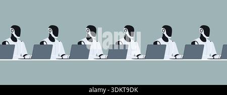 Many identical humanoid AI robots sitting in a row next to each other and working with computers: automation and artificial intelligence concept, copy Stock Vector