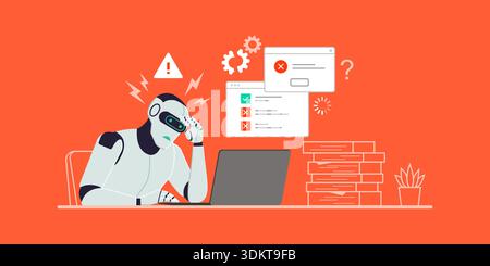 Stressed malfunctioning AI robot sitting at the office desk and working with a laptop, he is unable to complete his tasks Stock Vector