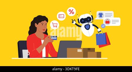 Happy woman doing online shopping and ordering products on her laptop using a credit card, an AI agent robot is helping her Stock Vector