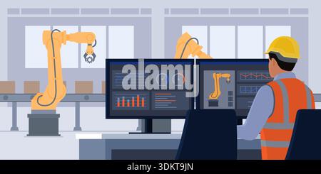 Predictive maintenance engineer working in a factory and checking sensor data on computer screens, robotic arms and conveyor belt in the background Stock Vector