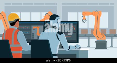 AI and industry: Engineer and AI humanoid robot checking sensor data, monitoring equipment and production in the factory Stock Vector