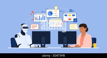 AI in business: AI robot and businesswoman sitting at their desk and working together on the same project Stock Vector
