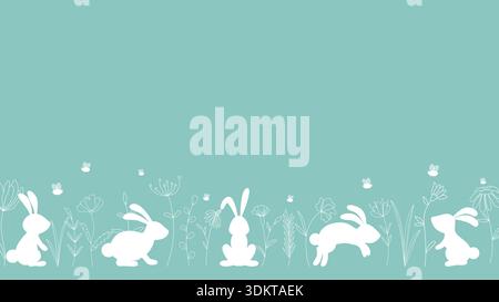 Horizontal template with silhouettes of hares, wildflowers and grass Stock Vector