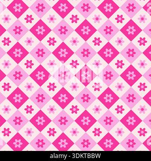 Decorative seamless pattern with floral motifs in pink and magenta arranged in a diamond grid. Stock Vector