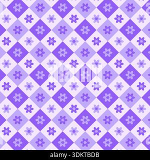 Seamless geometric pattern featuring stylized flowers in purple shades arranged in a diamond grid. Stock Vector
