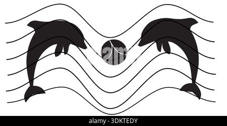 Symmetrical graphic illustration of two black dolphins leaping playfully around a central dark sphere with white abstract lines set against a clean wh Stock Vector