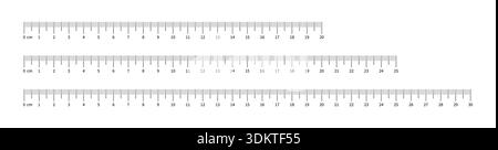 Set of measuring chart with 20cm, 25cm and 30 centimeters. Collection of ruler scale 200mm, 250mm and 300mm with numbers. Templates of ruler scale Stock Vector