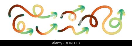 Gradient arrow icons with flowing lines and abstract curves. Modern vector design elements featuring colorful doodle shapes for dynamic graphic Stock Vector